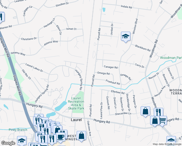map of restaurants, bars, coffee shops, grocery stores, and more near 10020 Purcell Road in Richmond