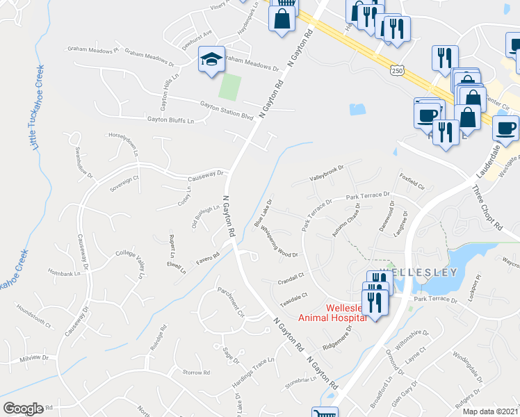 map of restaurants, bars, coffee shops, grocery stores, and more near 3725 Blue Lake Drive in Richmond