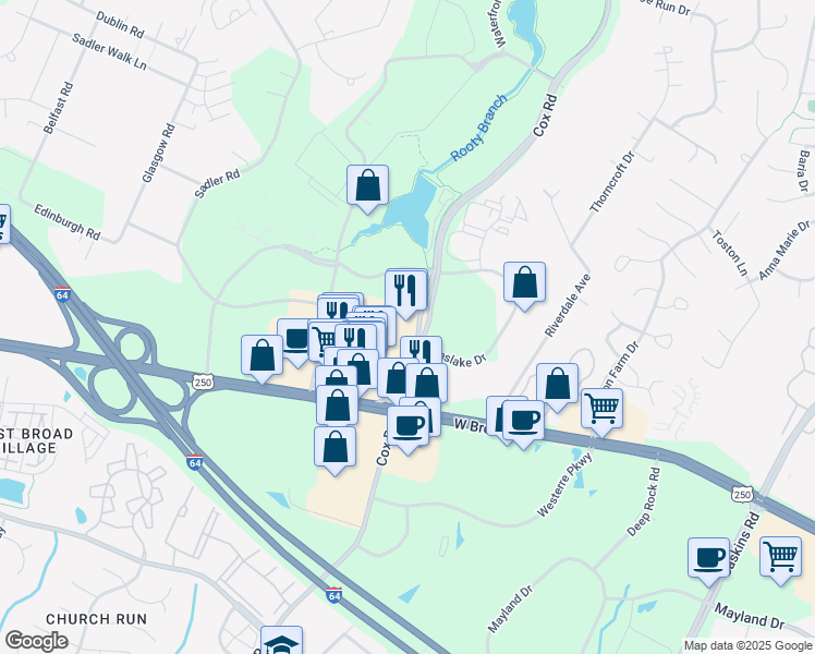map of restaurants, bars, coffee shops, grocery stores, and more near 4120 Cox Road in Glen Allen