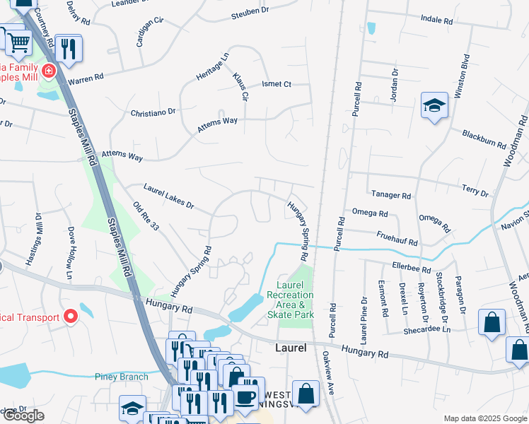 map of restaurants, bars, coffee shops, grocery stores, and more near 9511 Kimberly Lynn Circle in Glen Allen
