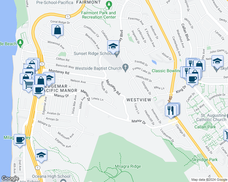 map of restaurants, bars, coffee shops, grocery stores, and more near 506 Monterey Road in Pacifica