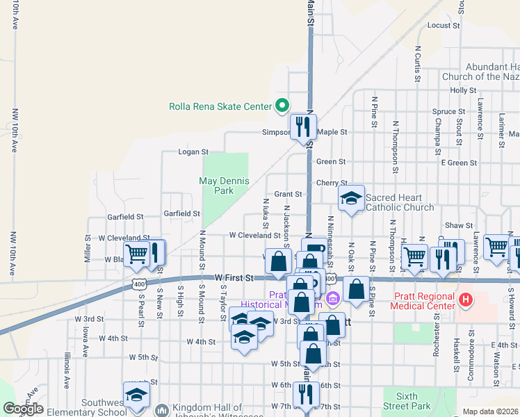 map of restaurants, bars, coffee shops, grocery stores, and more near 410 North Iuka Street in Pratt