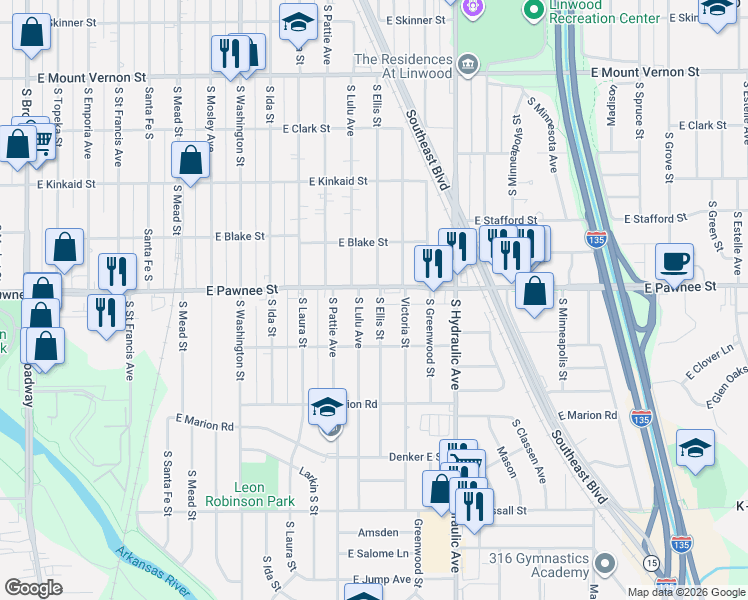 map of restaurants, bars, coffee shops, grocery stores, and more near 1500-1532 East Pawnee Street in Wichita
