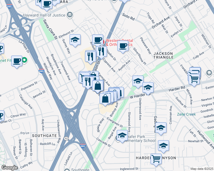 map of restaurants, bars, coffee shops, grocery stores, and more near 25275 Tarman Avenue in Hayward