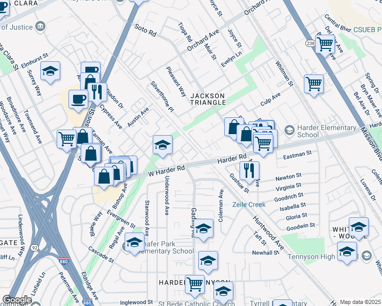 map of restaurants, bars, coffee shops, grocery stores, and more near 25417 Huntwood Avenue in Hayward