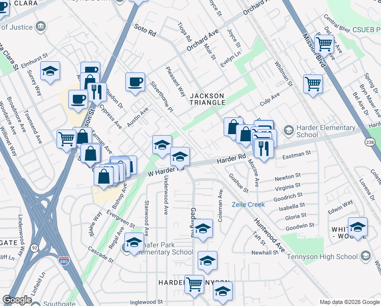 map of restaurants, bars, coffee shops, grocery stores, and more near 25478 Huntwood Avenue in Hayward