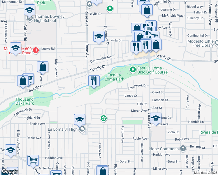 map of restaurants, bars, coffee shops, grocery stores, and more near 1921 Edgebrook Drive in Modesto