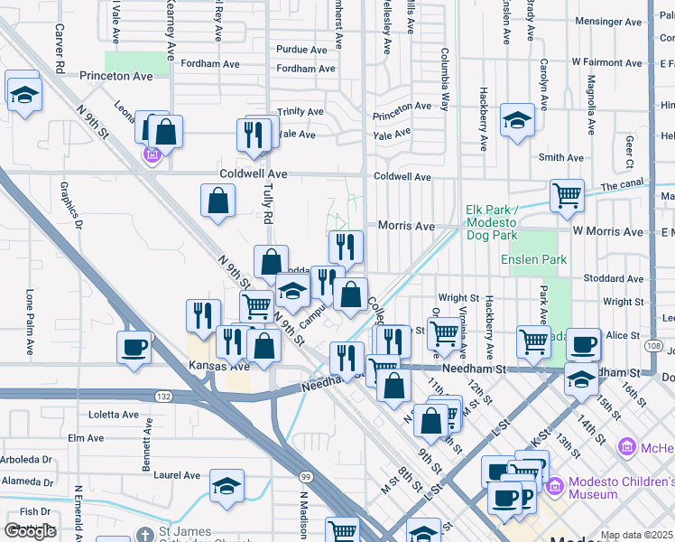 map of restaurants, bars, coffee shops, grocery stores, and more near in Modesto