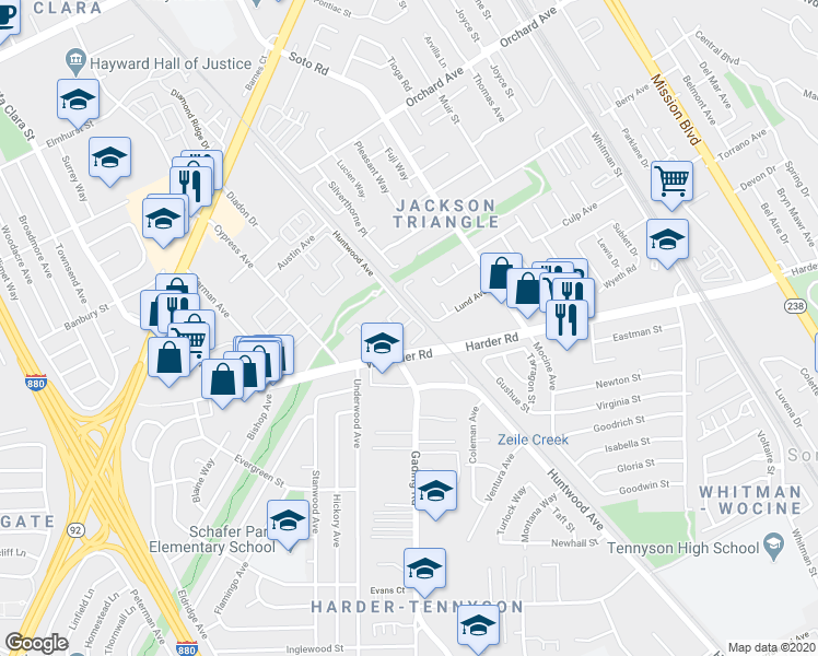 map of restaurants, bars, coffee shops, grocery stores, and more near 25417 Huntwood Avenue in Hayward