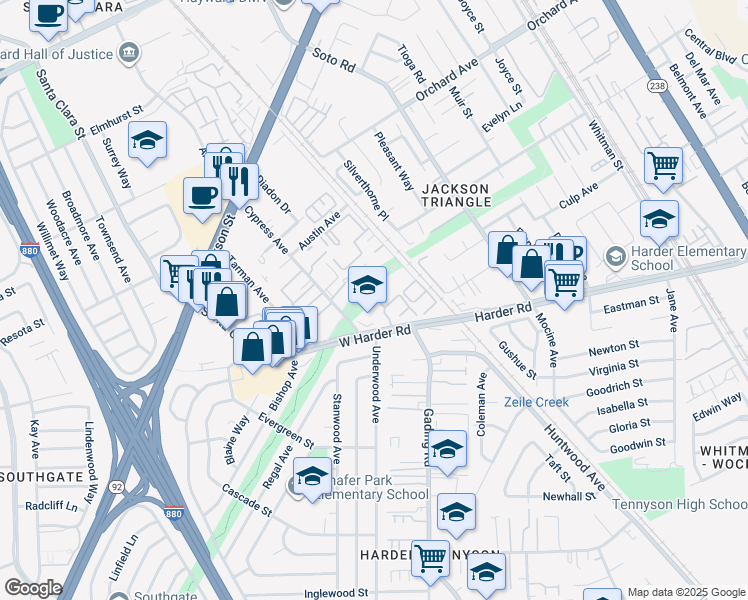map of restaurants, bars, coffee shops, grocery stores, and more near 25402 Cypress Avenue in Hayward
