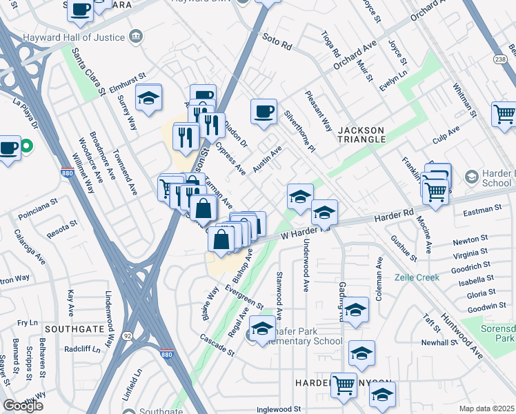 map of restaurants, bars, coffee shops, grocery stores, and more near 25221 Cypress Avenue in Hayward