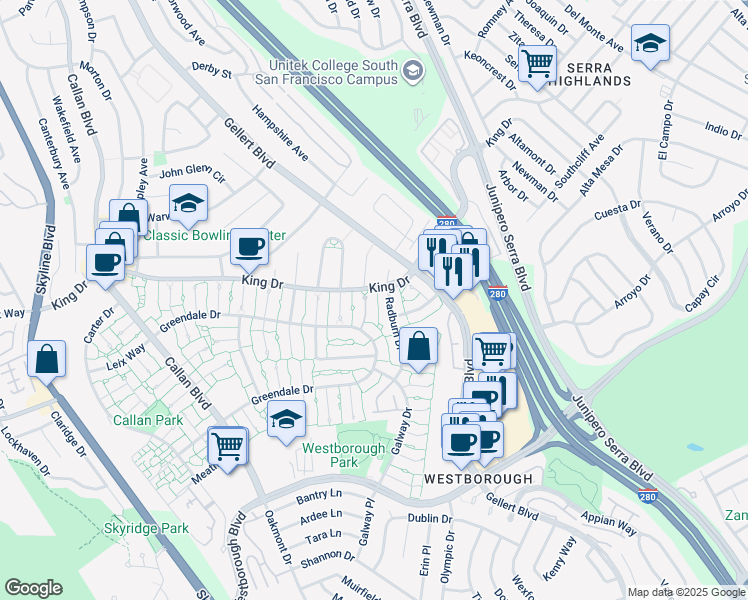 map of restaurants, bars, coffee shops, grocery stores, and more near 3885 Radburn Drive in South San Francisco