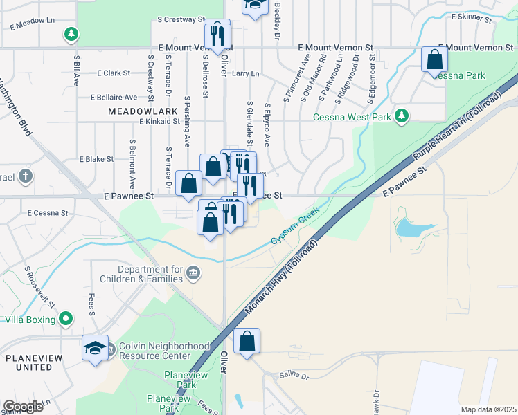 map of restaurants, bars, coffee shops, grocery stores, and more near 2414 South Glendale Street in Wichita