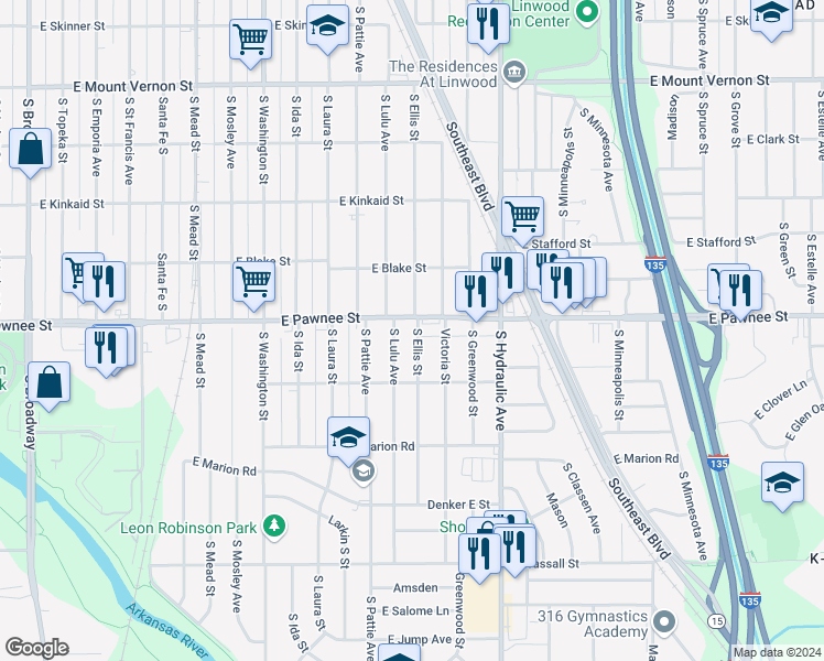 map of restaurants, bars, coffee shops, grocery stores, and more near 1500-1532 East Pawnee Street in Wichita