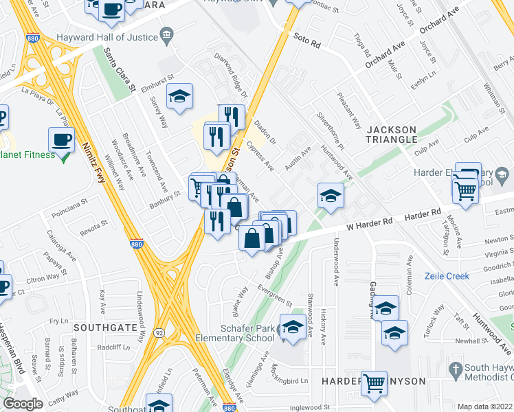 map of restaurants, bars, coffee shops, grocery stores, and more near 25275 Tarman Avenue in Hayward