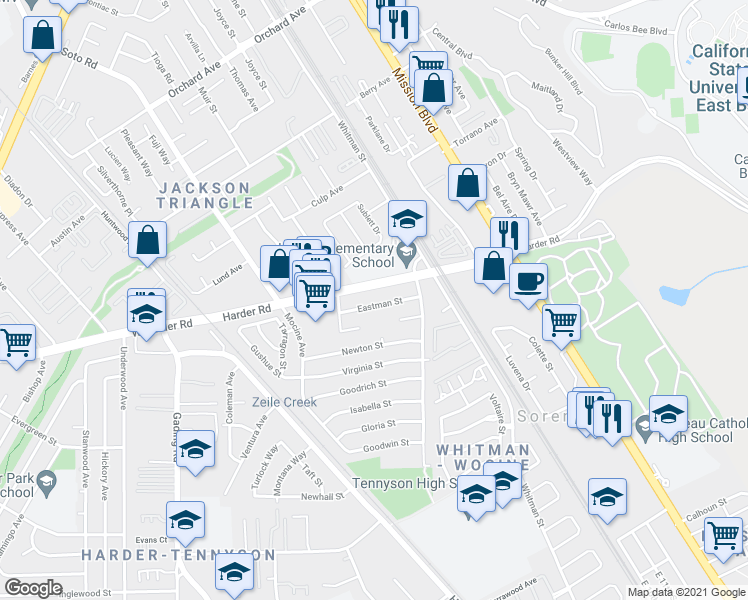 map of restaurants, bars, coffee shops, grocery stores, and more near 292 Eastman Street in Hayward