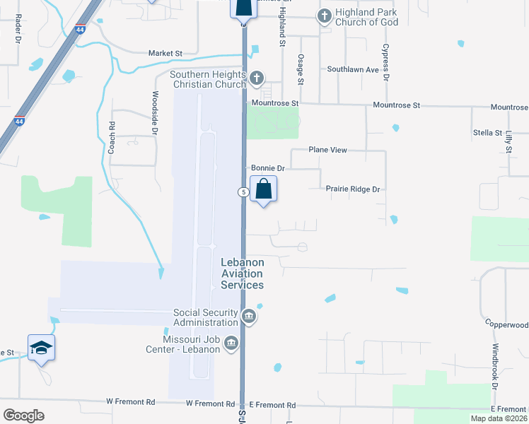 map of restaurants, bars, coffee shops, grocery stores, and more near 2328 South Jefferson Avenue in Lebanon