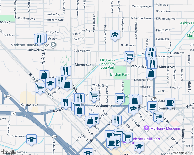 map of restaurants, bars, coffee shops, grocery stores, and more near 409 Virginia Avenue in Modesto