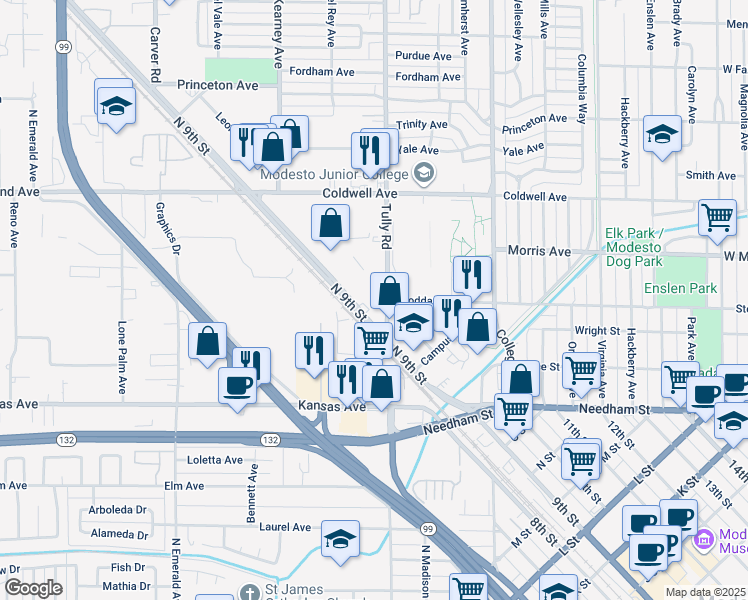 map of restaurants, bars, coffee shops, grocery stores, and more near 419 Tully Road in Modesto