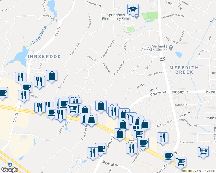 map of restaurants, bars, coffee shops, grocery stores, and more near 10625 Toston Lane in Glen Allen