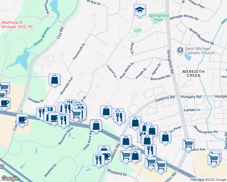 map of restaurants, bars, coffee shops, grocery stores, and more near 10625 Toston Lane in Glen Allen