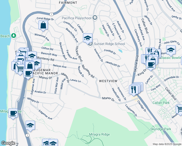 map of restaurants, bars, coffee shops, grocery stores, and more near 513A Monterey Road in Pacifica