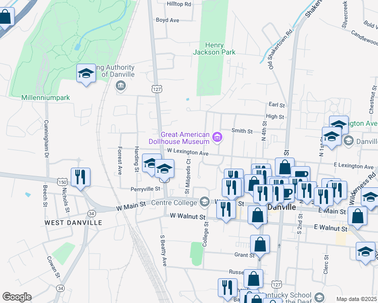 map of restaurants, bars, coffee shops, grocery stores, and more near West Lexington Avenue & Saint Mildreds Court in Danville