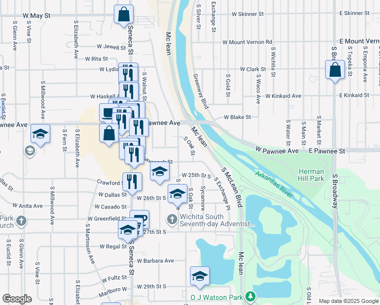 map of restaurants, bars, coffee shops, grocery stores, and more near 2470 S Oak St in Wichita