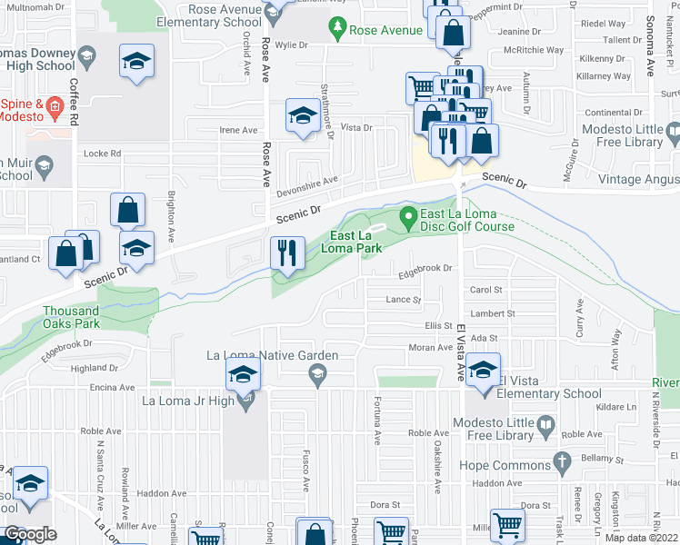 map of restaurants, bars, coffee shops, grocery stores, and more near 1921 Edgebrook Drive in Modesto
