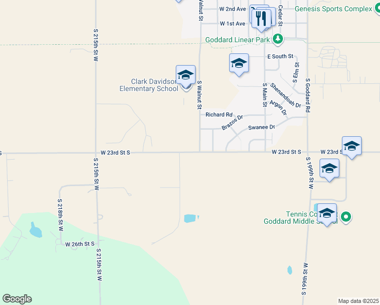 map of restaurants, bars, coffee shops, grocery stores, and more near 20816 W 23rd Street South in Goddard