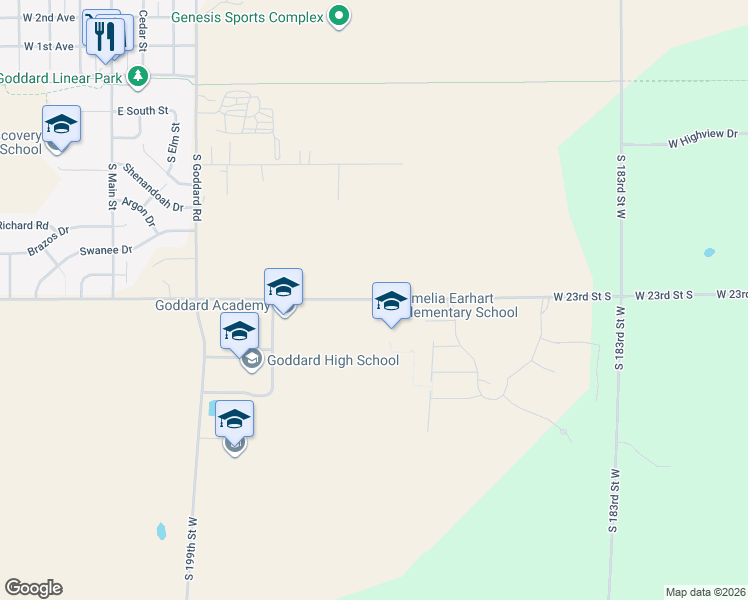 map of restaurants, bars, coffee shops, grocery stores, and more near 19201 W 23rd Street South in Goddard