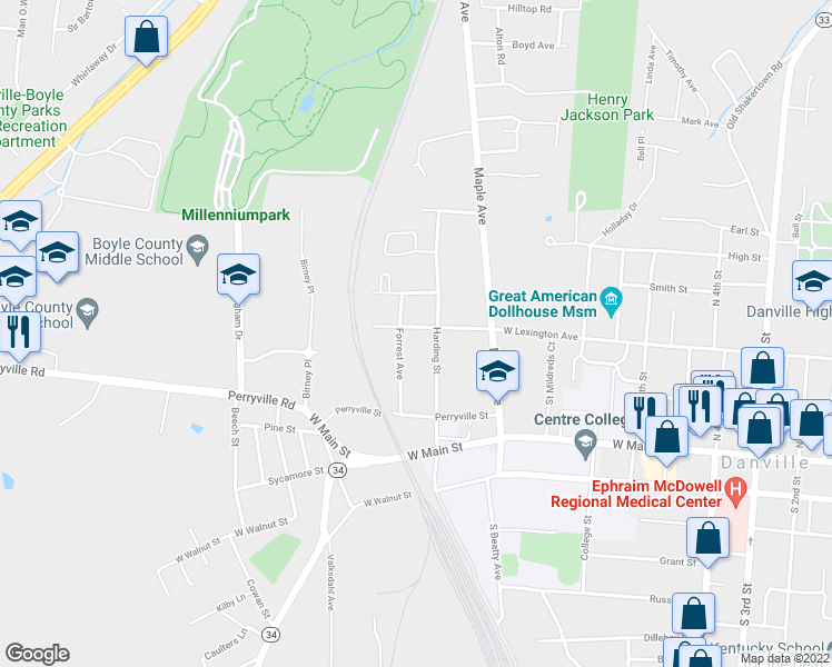 map of restaurants, bars, coffee shops, grocery stores, and more near 1008 West Lexington Avenue in Danville