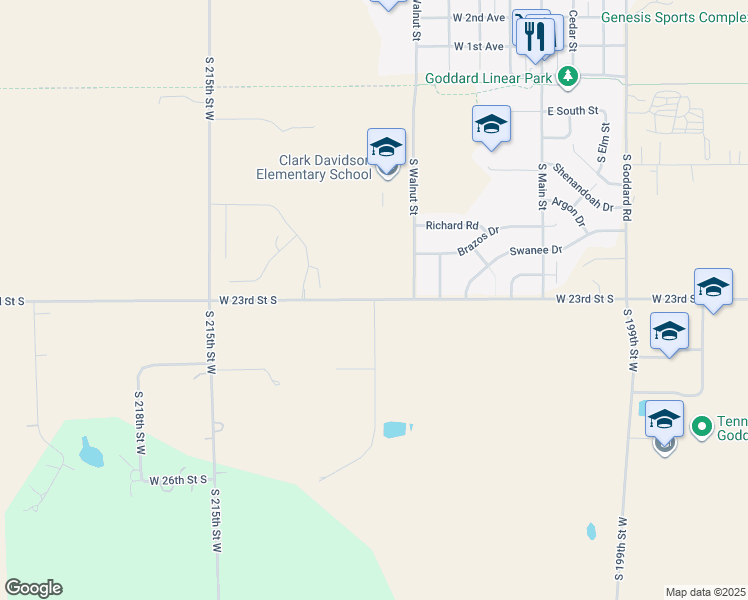 map of restaurants, bars, coffee shops, grocery stores, and more near 21053 West 23rd Street South in Goddard