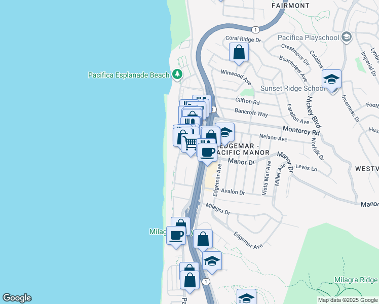 map of restaurants, bars, coffee shops, grocery stores, and more near in Pacifica