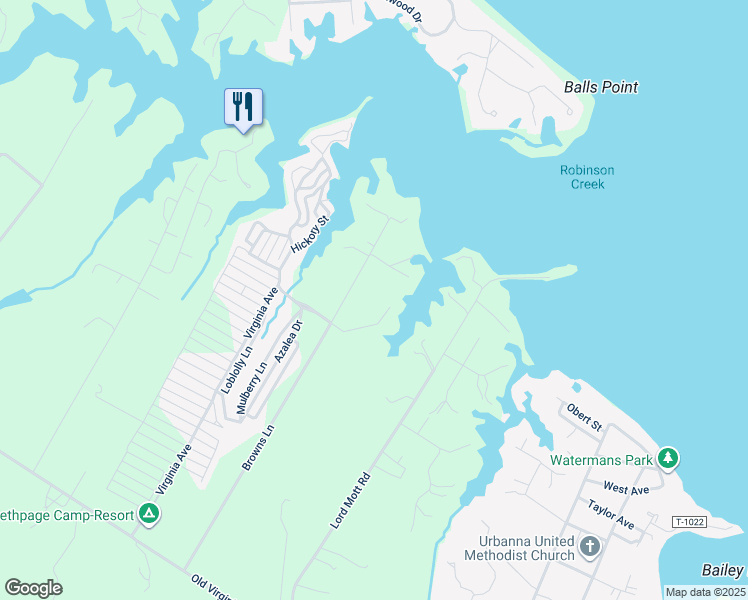 map of restaurants, bars, coffee shops, grocery stores, and more near 810 Browns Lane in Urbanna