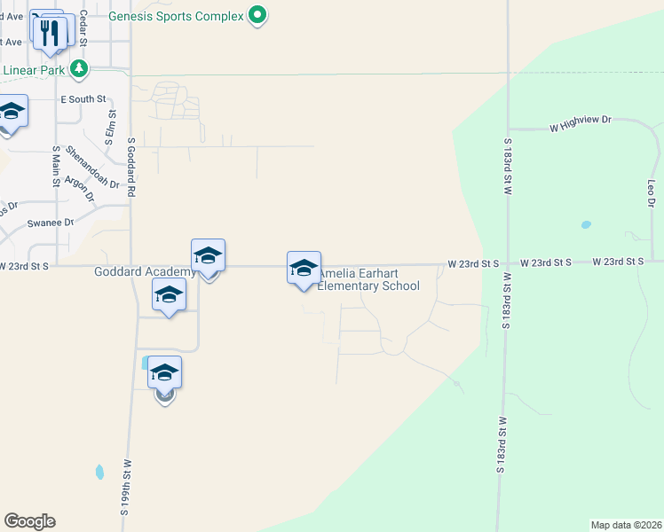 map of restaurants, bars, coffee shops, grocery stores, and more near 18833 West 23rd Street South in Goddard