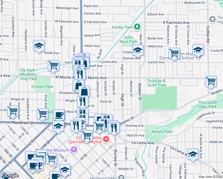 map of restaurants, bars, coffee shops, grocery stores, and more near 311 Davis Street in Modesto
