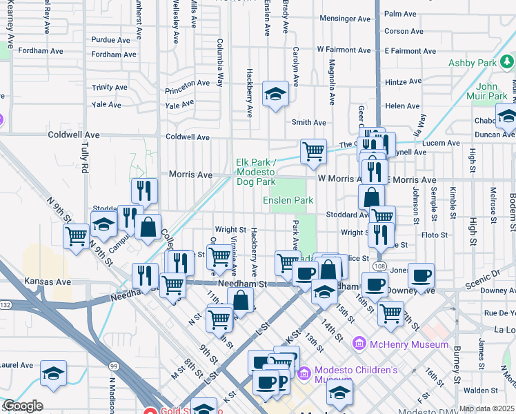 map of restaurants, bars, coffee shops, grocery stores, and more near 417 Hackberry Avenue in Modesto