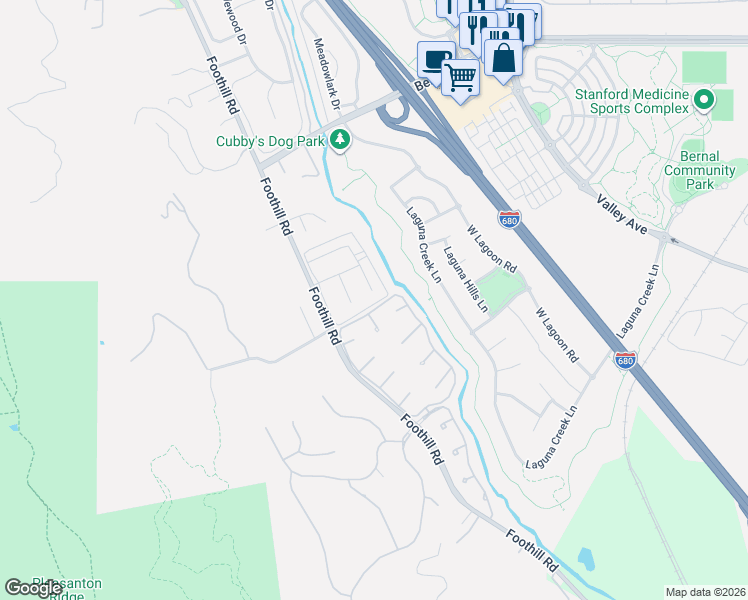 map of restaurants, bars, coffee shops, grocery stores, and more near 2158 Arroyo Court in Pleasanton