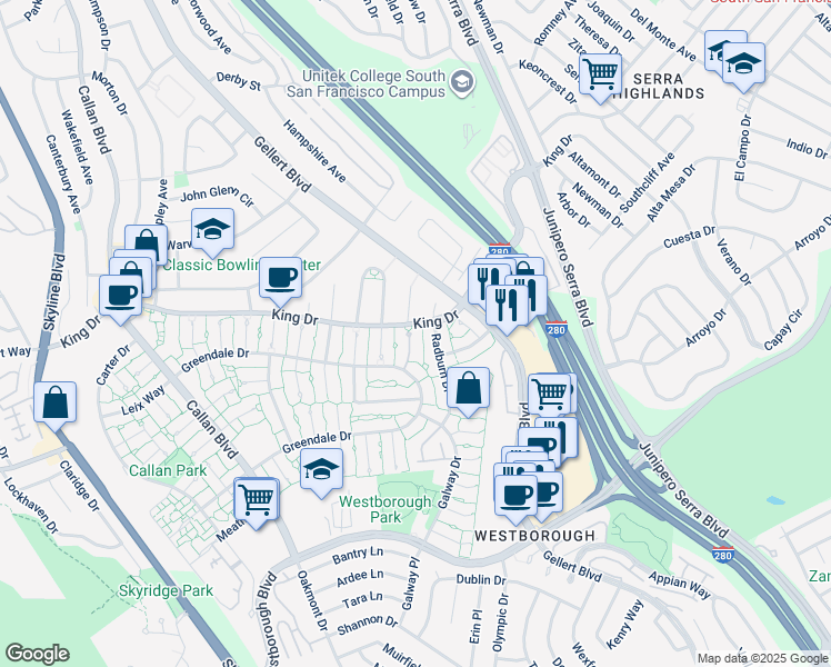 map of restaurants, bars, coffee shops, grocery stores, and more near 3885 Radburn Drive in South San Francisco