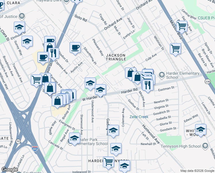 map of restaurants, bars, coffee shops, grocery stores, and more near 25478 Huntwood Avenue in Hayward