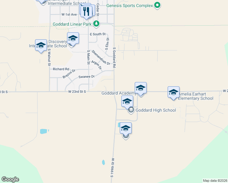map of restaurants, bars, coffee shops, grocery stores, and more near West 23rd Street South in Goddard