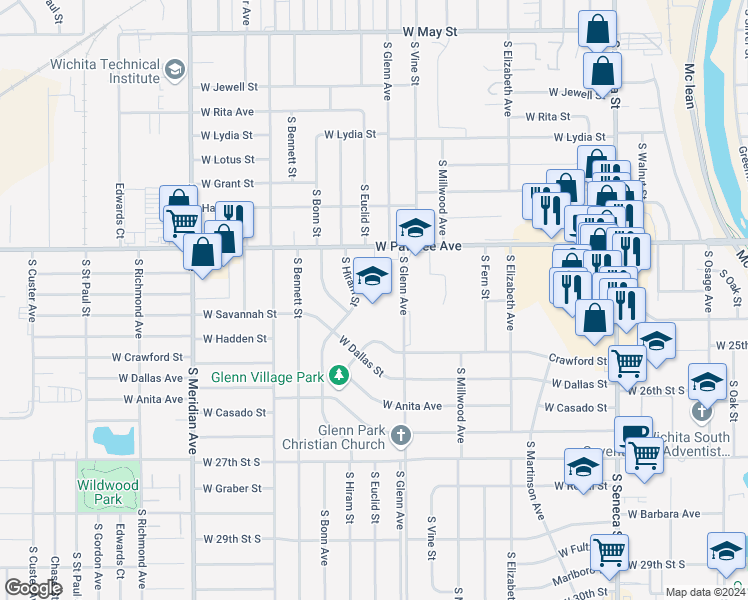 map of restaurants, bars, coffee shops, grocery stores, and more near 2500 South Hiram Avenue in Wichita
