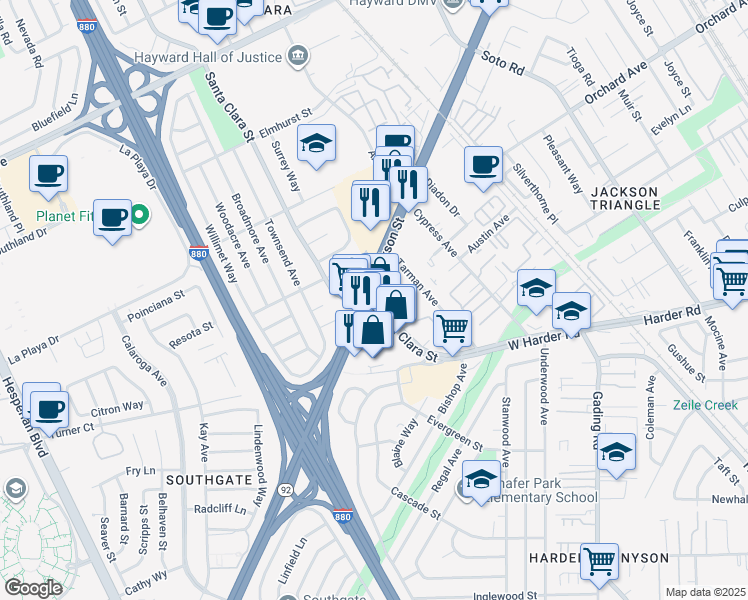 map of restaurants, bars, coffee shops, grocery stores, and more near 390 West Jackson Street in Hayward