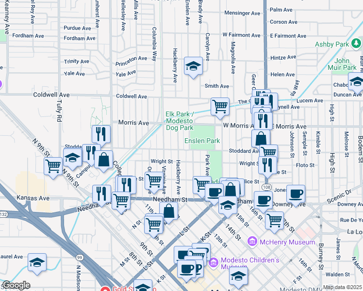 map of restaurants, bars, coffee shops, grocery stores, and more near 417 Hackberry Avenue in Modesto