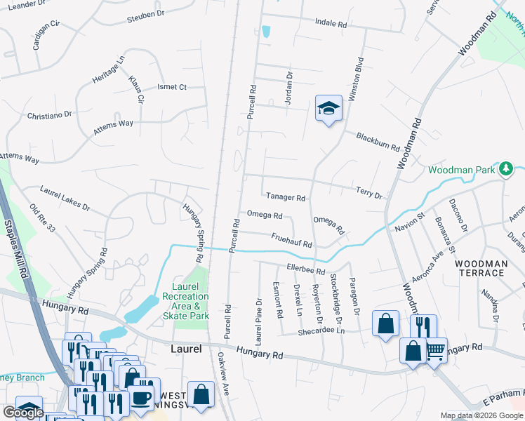 map of restaurants, bars, coffee shops, grocery stores, and more near 2715 Tanager Road in Richmond