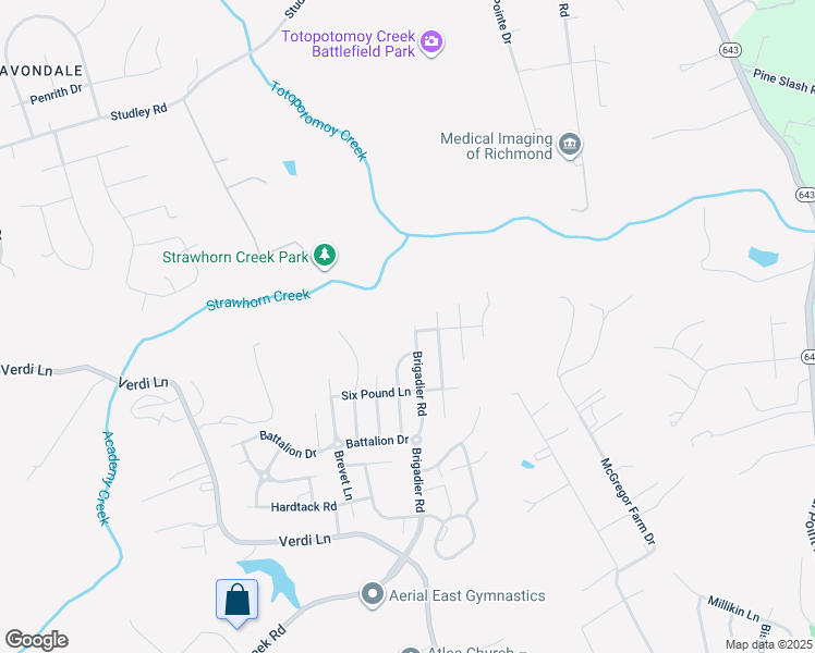 map of restaurants, bars, coffee shops, grocery stores, and more near 9103 Brigadier Rd in Mechanicsville