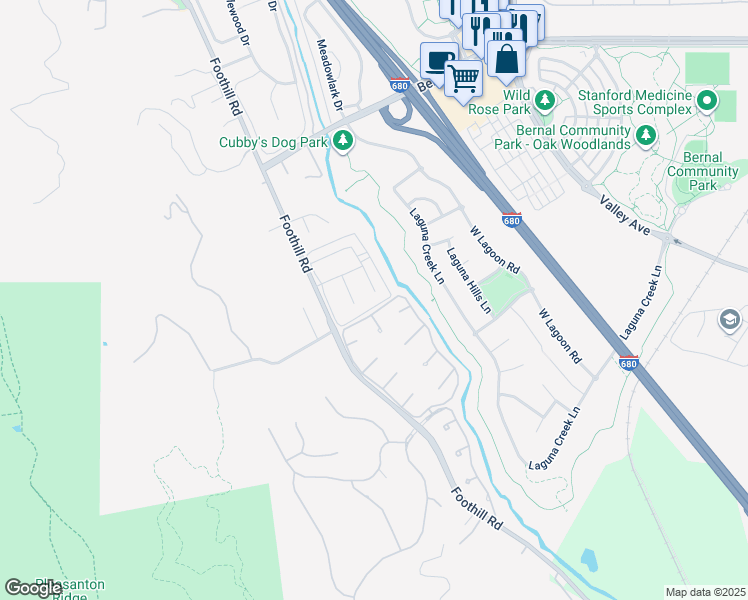 map of restaurants, bars, coffee shops, grocery stores, and more near 2122 Arroyo Court in Pleasanton