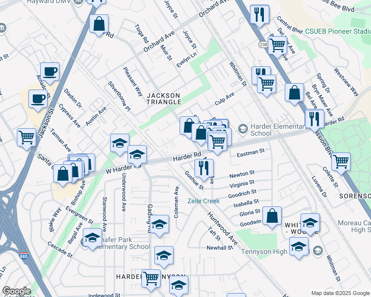 map of restaurants, bars, coffee shops, grocery stores, and more near 44 Harder Road in Hayward