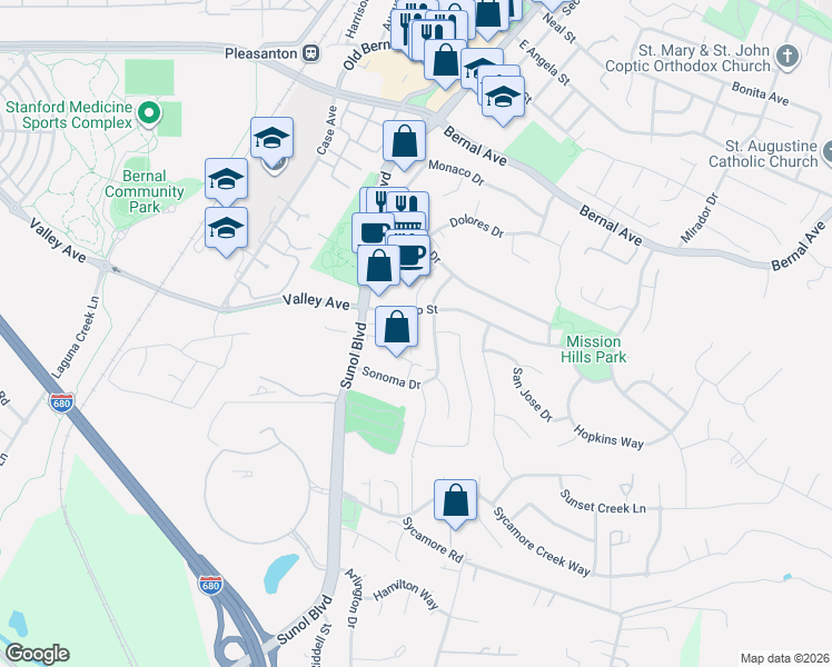 map of restaurants, bars, coffee shops, grocery stores, and more near 342 Lone Oak Drive in Pleasanton